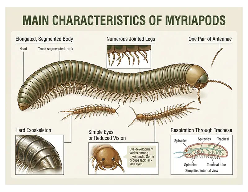 Myriapod body structure showing segmented body, antennae, exoskeleton, and numerous legs