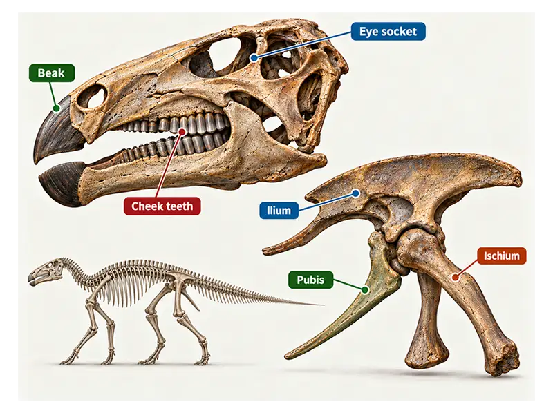 Ornithischian skull, beak, teeth, and pelvis showing important anatomical features.