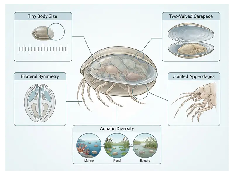 Ostracod showing its oval shell, compact shape, and distinctive carapace.