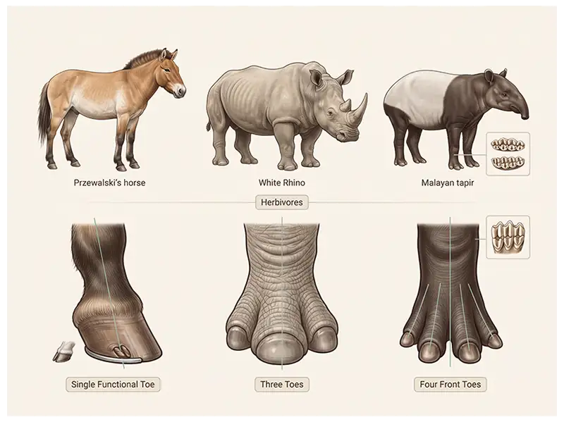 Perissodactyl characteristics showing differences in toe number, hooves, and herbivorous adaptations.
