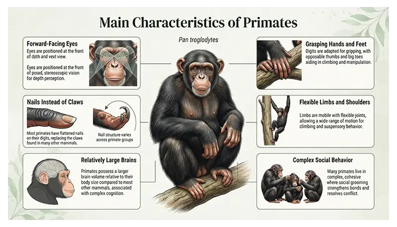 Chimpanzee showing grasping hands, forward-facing eyes, and other characteristic primate features.