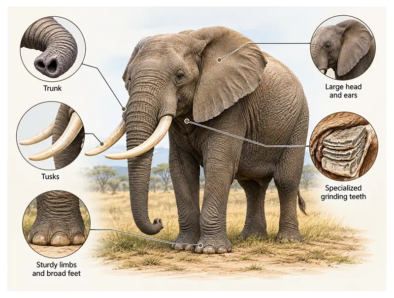 Diagram highlighting proboscidean features, including the trunk, tusks, large body, and specialized teeth.
