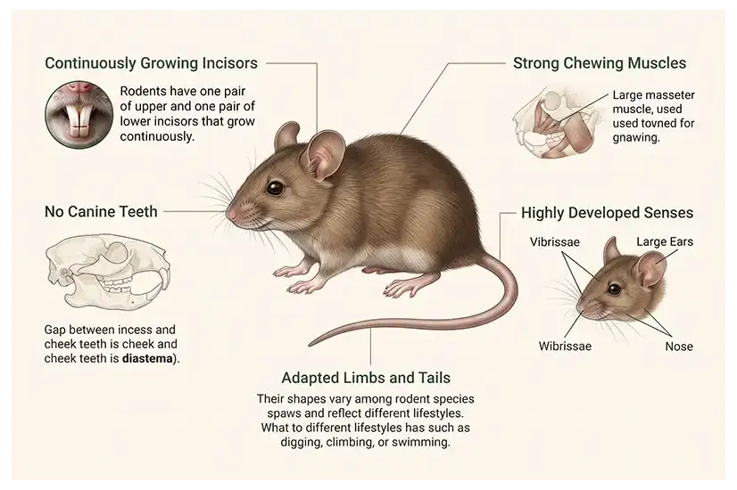 Infographic showing rodent characteristics, including continuously growing incisors, a diastema, chewing muscles, sensory features, and adapted limbs.