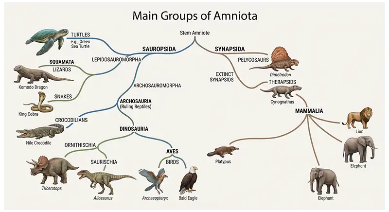 Amniota classification showing Sauropsida with reptiles and birds and Synapsida with mammals