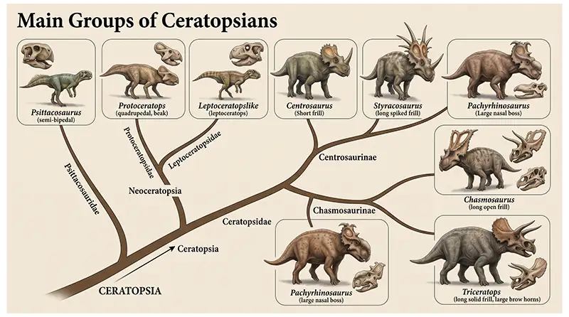 Ceratopsia classification showing Psittacosaurus, Protoceratops, ceratopsids, and other major groups