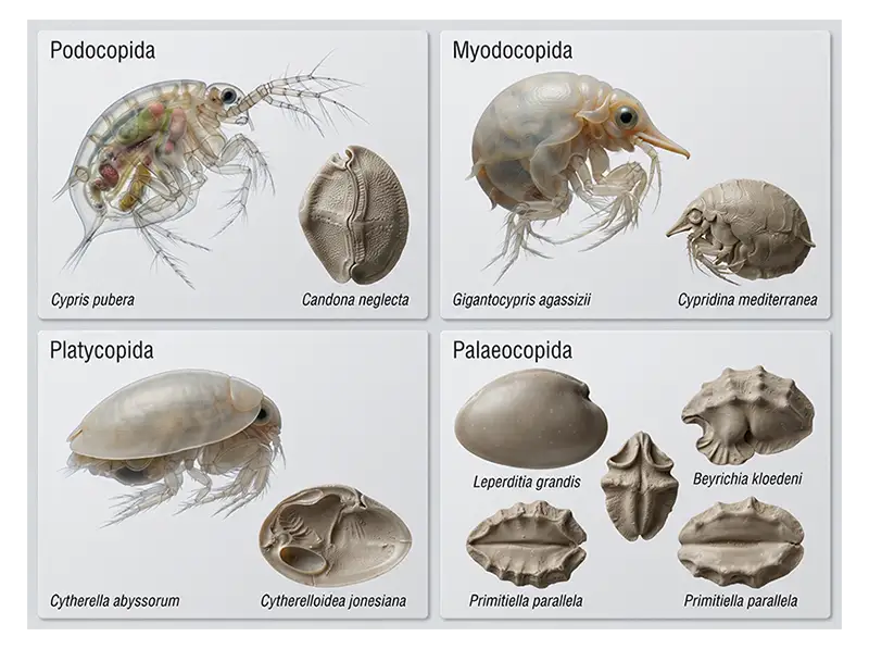 Representative ostracod forms illustrating diversity among major ostracod groups.