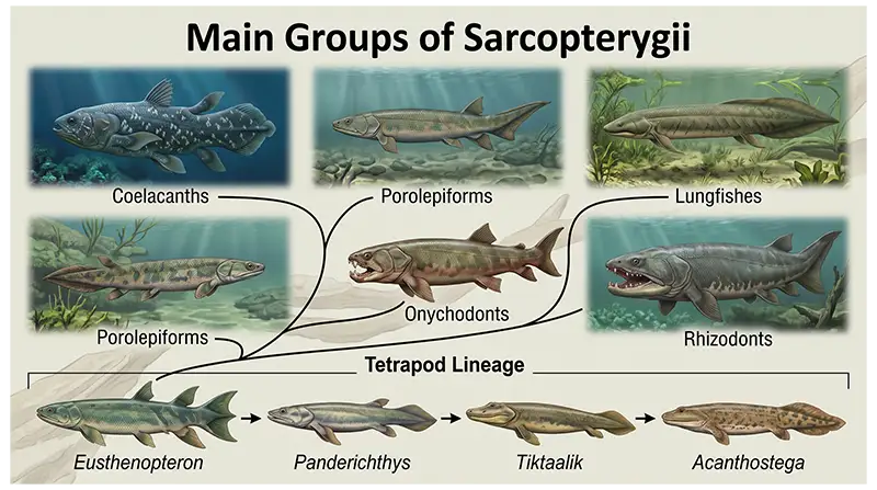 Main groups of Sarcopterygii showing coelacanths, lungfishes, porolepiforms, onychodonts, rhizodonts, and tetrapod lineage