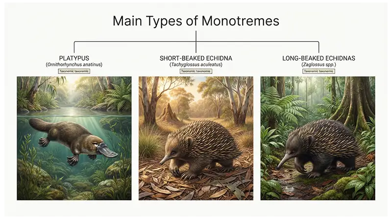 Platypus, short-beaked echidna, and long-beaked echidnas showing the main living monotreme groups