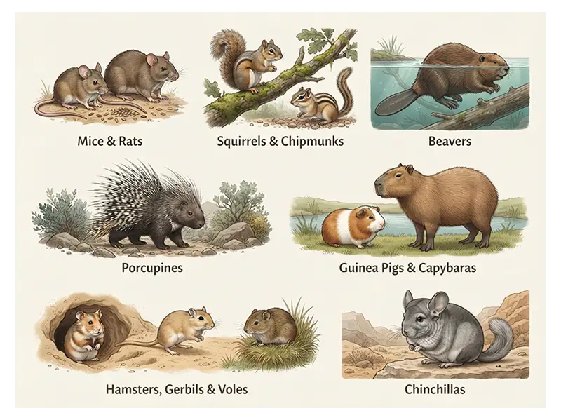 Infographic illustrating seven rodent groups, including mice and rats, squirrels and chipmunks, beavers, porcupines, capybaras, hamsters, and chinchillas.