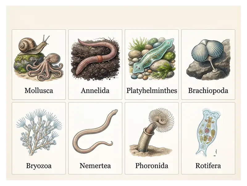 Infographic illustrating major lophotrochozoan groups, including mollusks, annelids, flatworms, brachiopods, bryozoans, ribbon worms, phoronids, and rotifers.