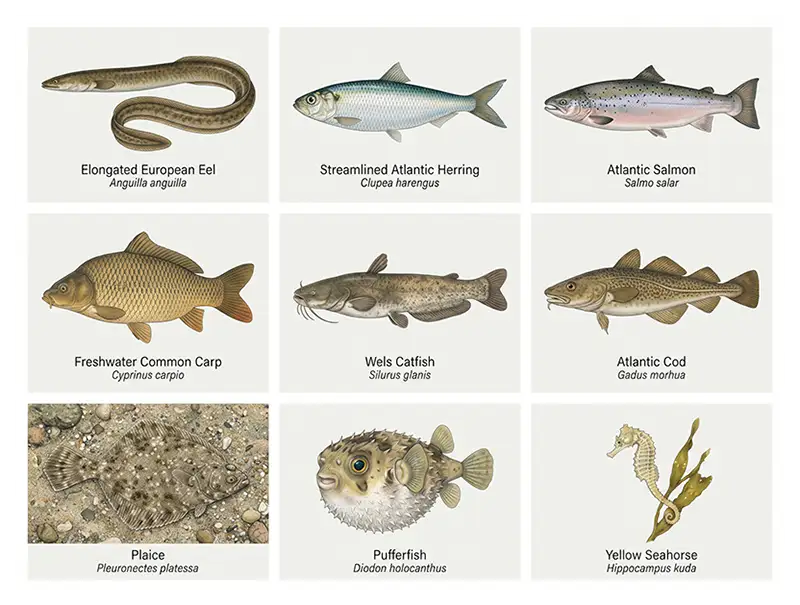 Illustration comparing major teleost fish types, including eels, sardines, carp, catfish, salmon, cod, flatfish, and pufferfish.