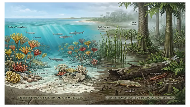 Mississippian and Pennsylvanian environments showing marine seas and coal-forming wetlands