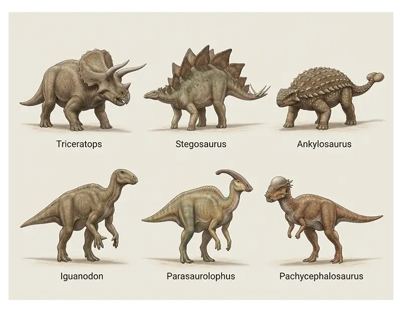 Six famous ornithischian dinosaurs with distinctive horns, plates, armor, crests, and skull shapes.