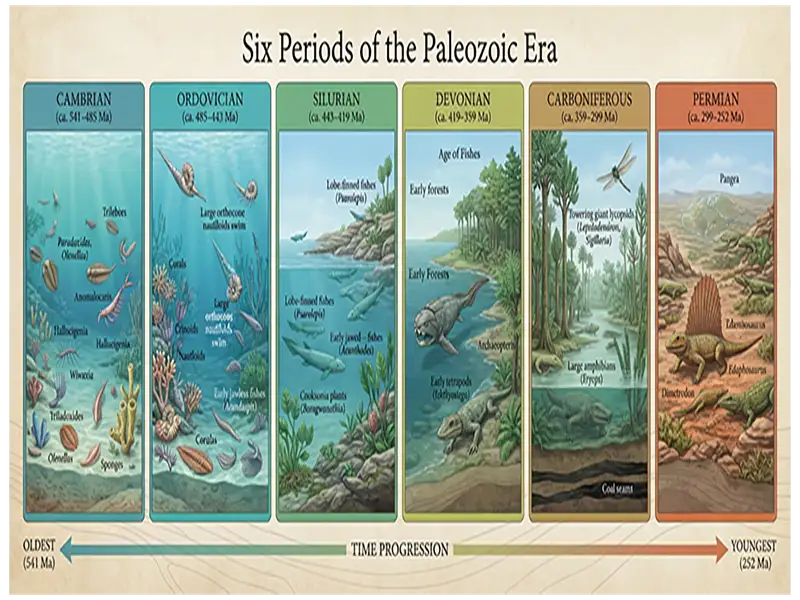 Paleozoic timeline showing the Cambrian, Ordovician, Silurian, Devonian, Carboniferous, and Permian periods