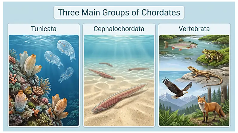 Three main chordate groups including Tunicata, Cephalochordata, and Vertebrata