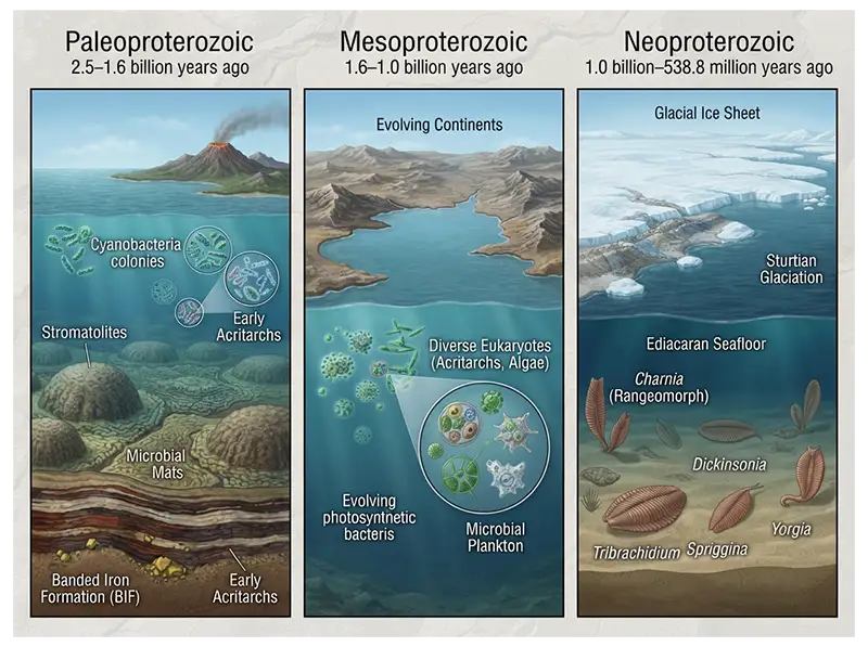 Three Proterozoic subdivisions showing early oxygenation, continental development, glaciations, and Ediacaran life.