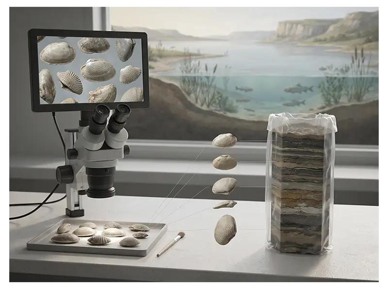 Ostracod fossil valves and sediment cores used to reconstruct ancient aquatic environments.