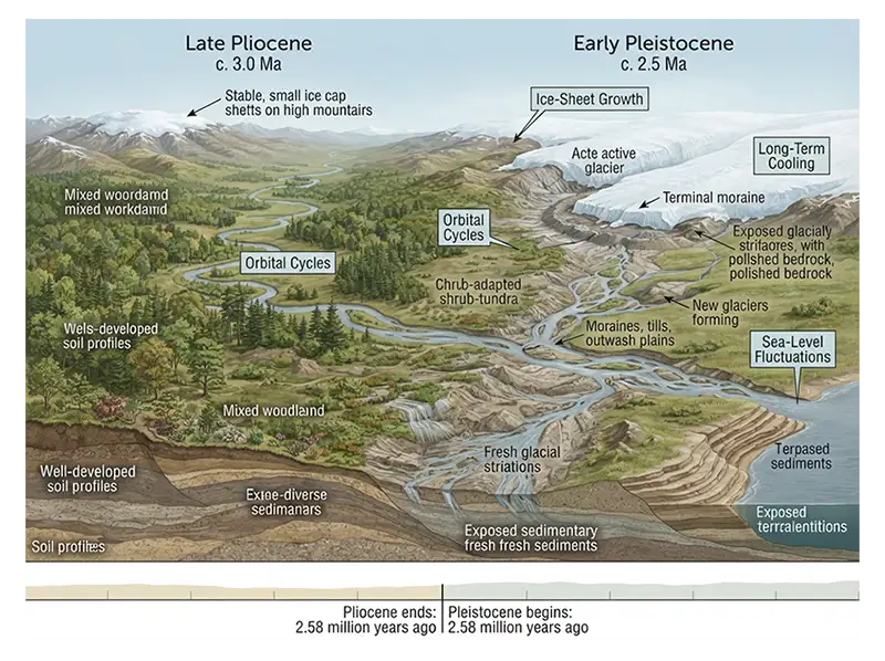 Pliocene–Pleistocene transition showing expanding ice, long-term cooling, and changing ancient landscapes.