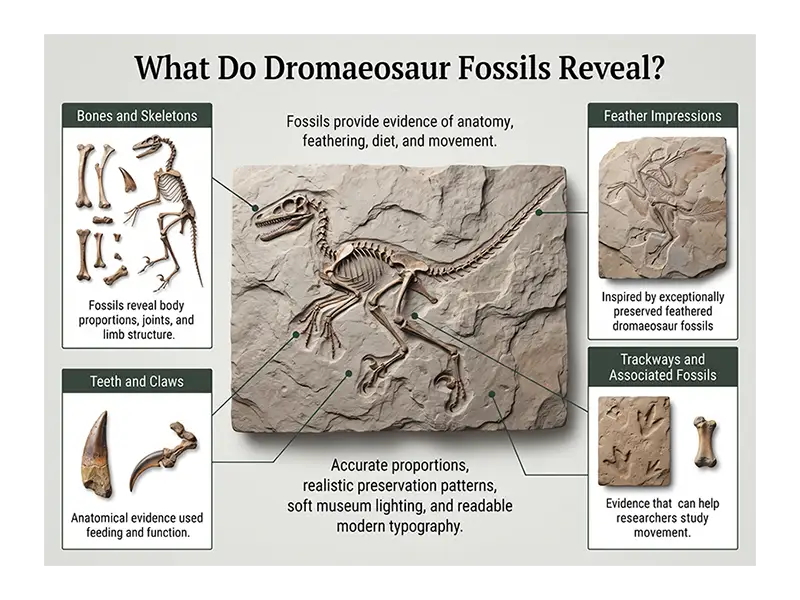 Dromaeosaur fossil skeleton, teeth, claw, and feather impressions