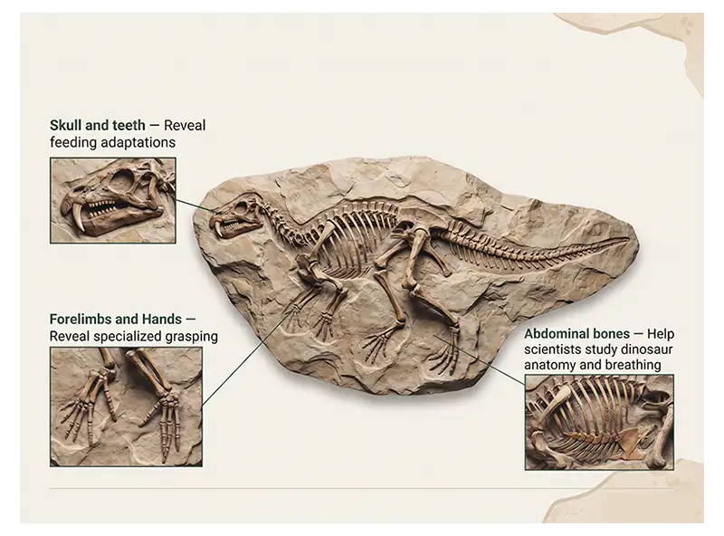 Infographic showing what Heterodontosaurus fossils reveal about anatomy, feeding, and movement