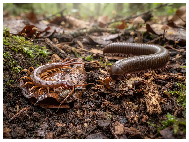 Centipede hunting small prey and millipede feeding on decaying plant material