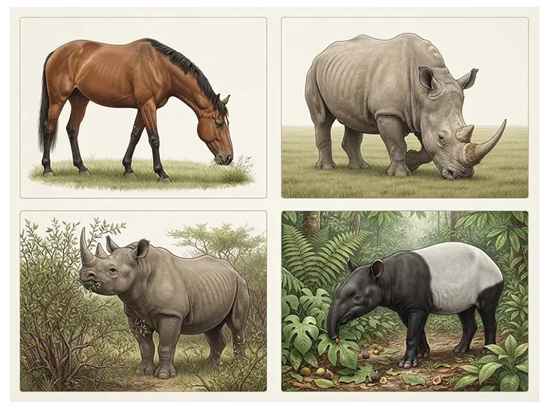Perissodactyl feeding strategies including grazing on grass and browsing on leaves and shrubs