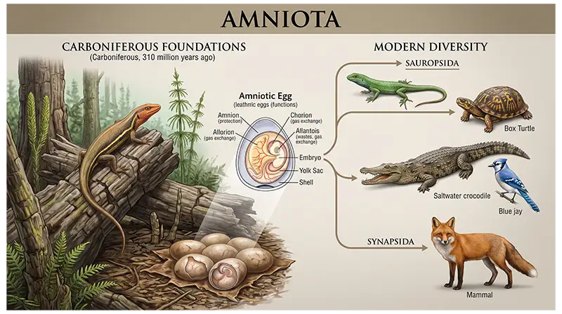 Early amniote and modern mammals, reptiles, and birds showing the diversity of Amniota
