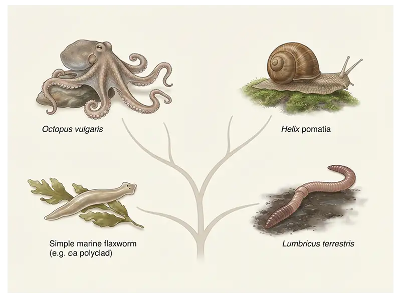 Illustration of an octopus, snail, earthworm, and flatworm representing the diversity of Lophotrochozoa.