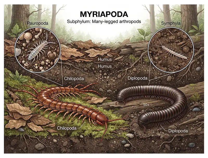 Myriapoda represented by a centipede and millipede in their natural habitat