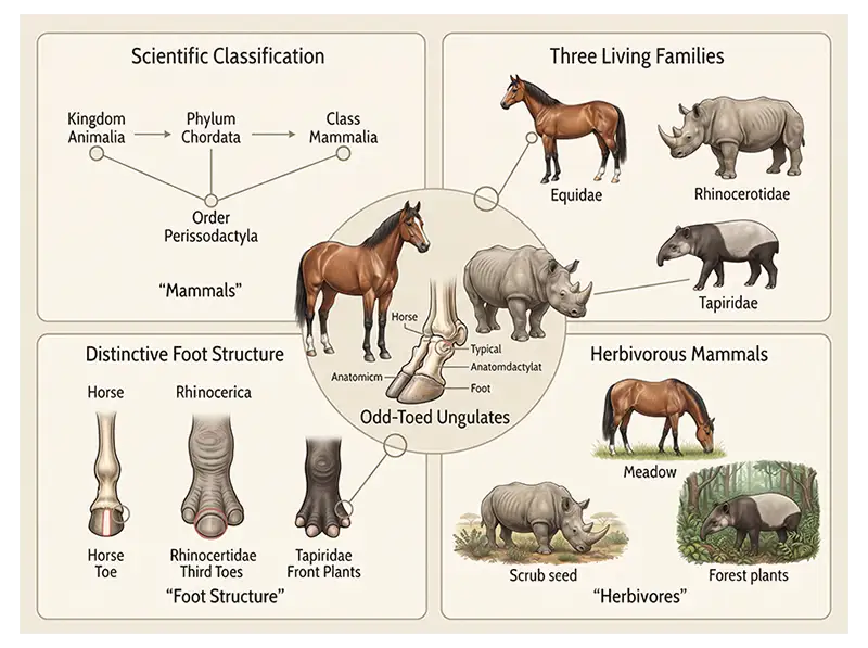 Horse, rhinoceros, and tapir illustrating the three living families of Perissodactyla.
