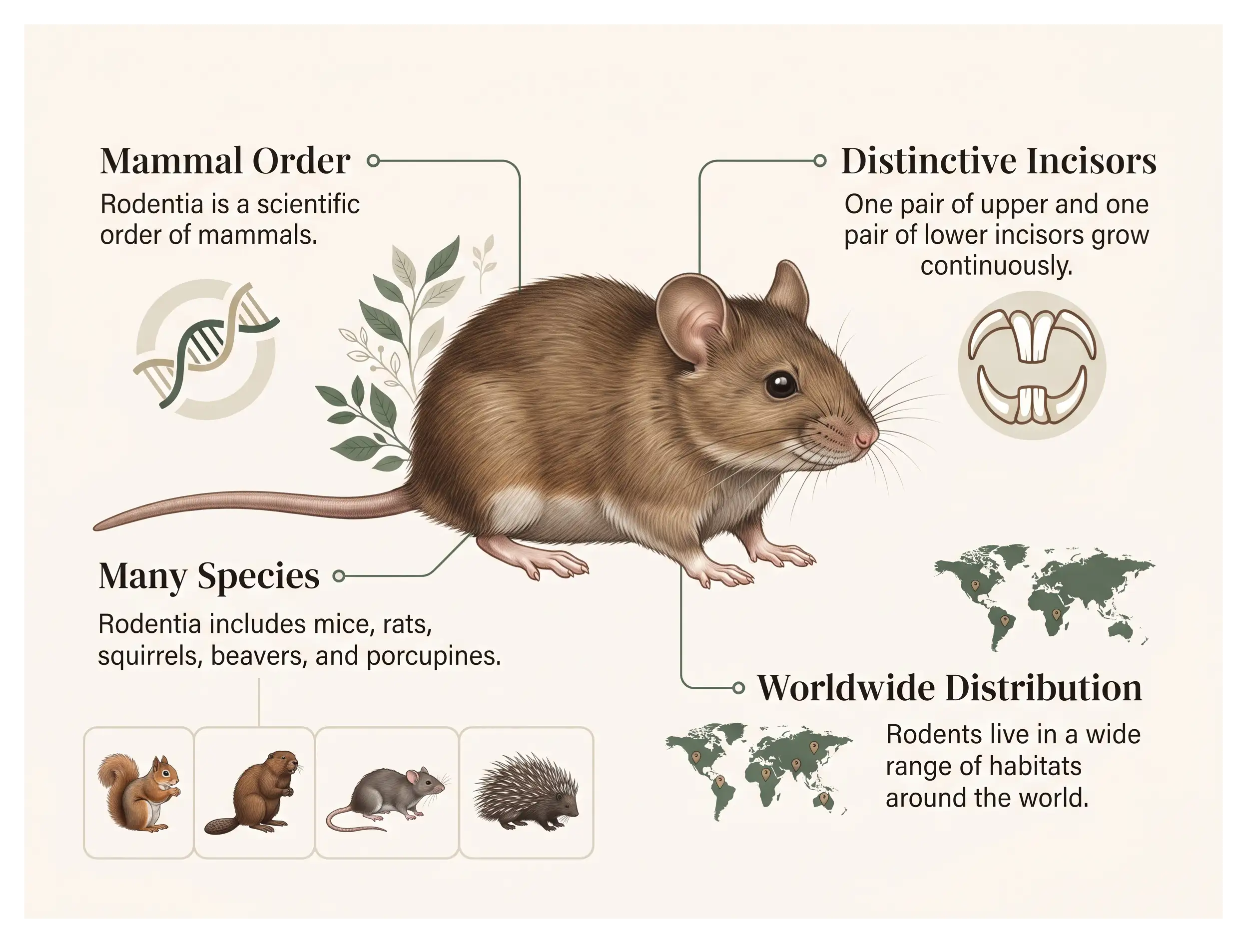 Infographic explaining Rodentia, its continuously growing incisors, common rodent groups, and worldwide distribution.