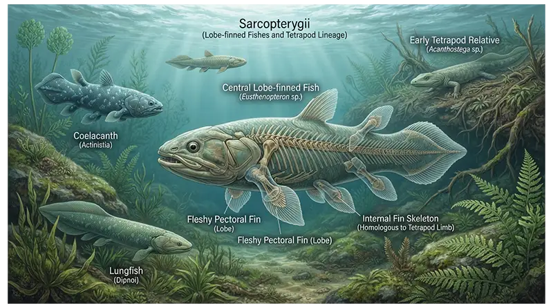 Sarcopterygii lobe-finned fish showing fleshy fins, ancient forms, coelacanths, lungfish, and early tetrapod relatives