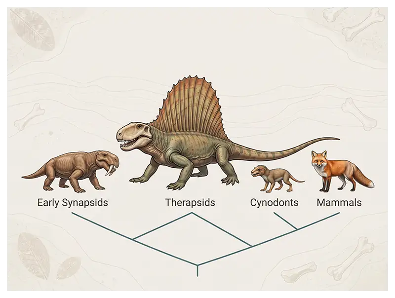 Illustration of Dimetrodon, a dicynodont, and an early mammal representing the evolutionary diversity of Synapsida.