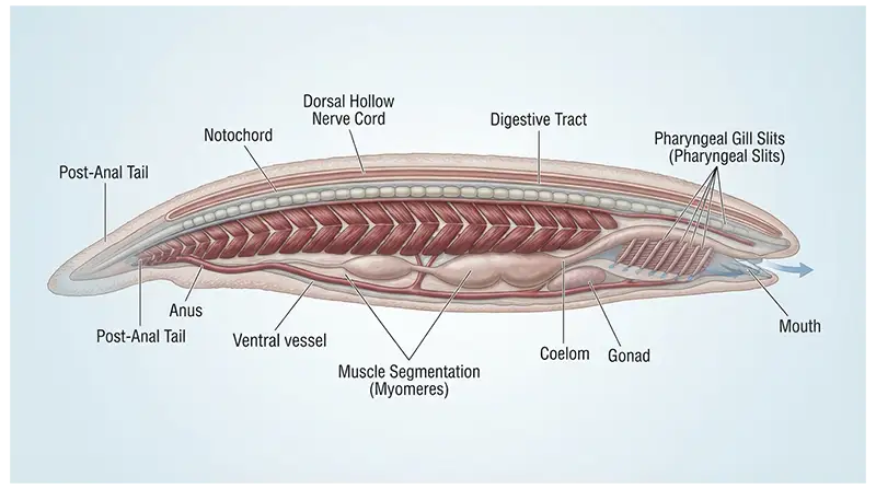 Chordate body structure showing the notochord, dorsal nerve cord, pharynx, muscles, digestive tract, and post-anal tail