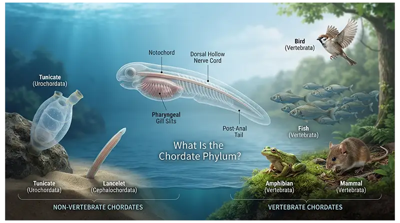 Chordate phylum showing tunicates, lancelets, vertebrates, and defining chordate body features