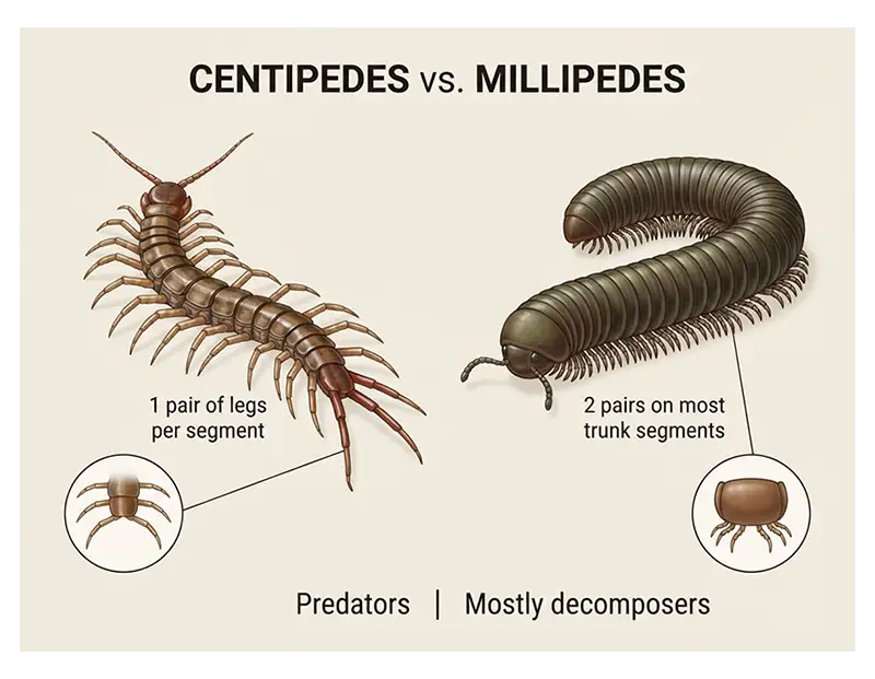 Centipede and millipede comparison showing differences in body shape and leg arrangement