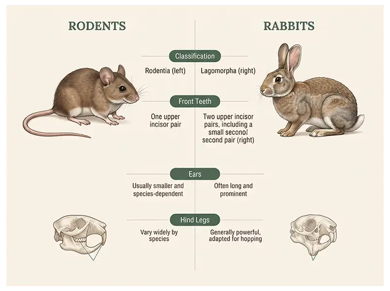 Comparison infographic showing differences between rodents and rabbits in classification, upper incisors, ears, and hind legs.