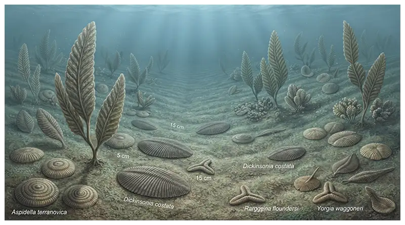 Illustration of Ediacaran soft-bodied organisms living on an ancient marine seafloor