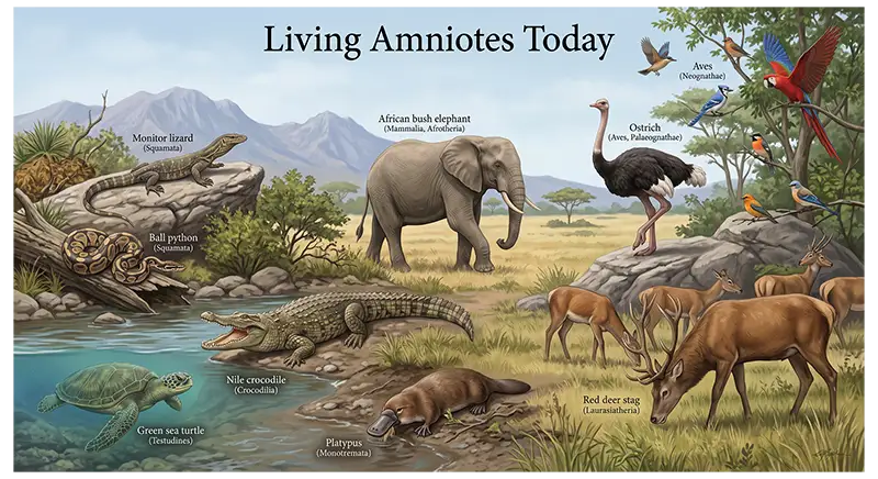 Living amniotes including turtles, lizards, snakes, crocodilians, birds, platypuses, and mammals