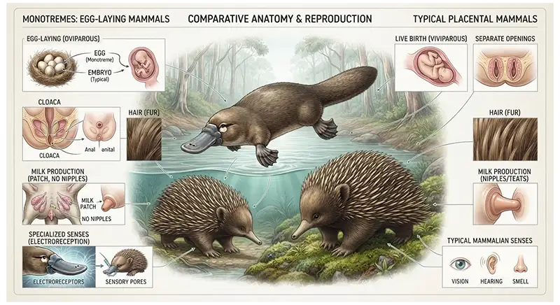 Platypus and echidna illustrating egg-laying, milk production, cloaca, hair, and specialized adaptations