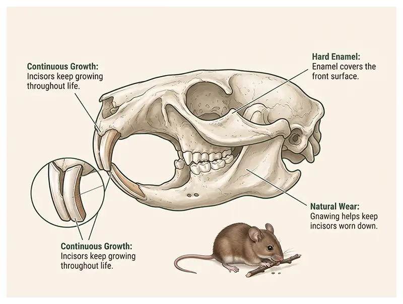 Infographic showing rodent incisors, continuous tooth growth, hard enamel on the front surface, and natural tooth wear.