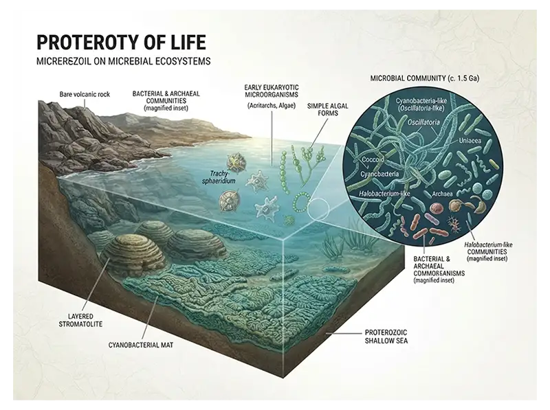 Proterozoic life showing cyanobacteria, microbial mats, archaea, bacteria, and early eukaryotic organisms.