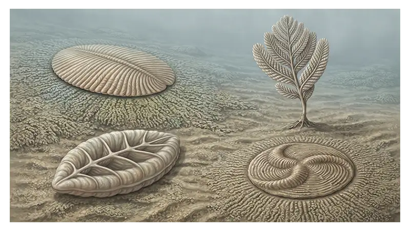 Comparison of frond-like, ribbed, quilted, and disc-shaped organisms from the Ediacaran Period.