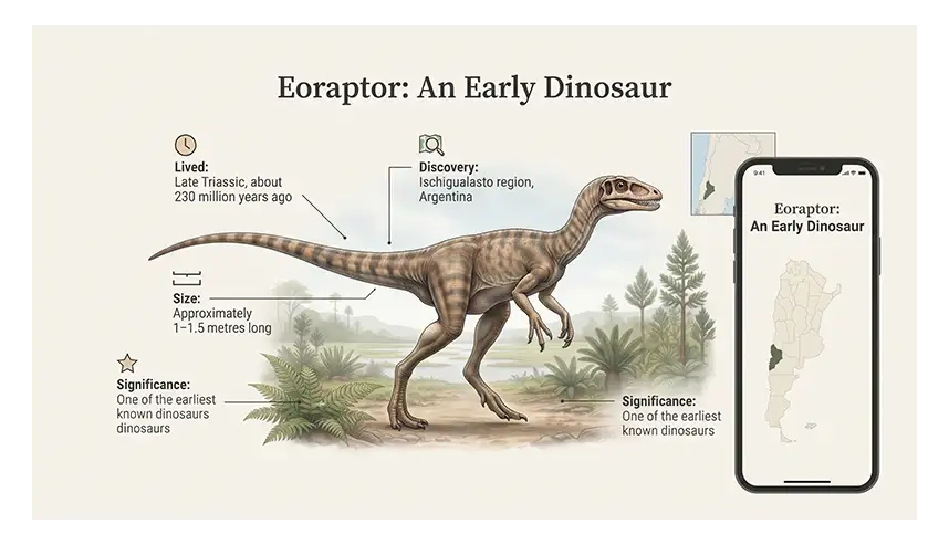 Scientific illustration of Eoraptor lunensis showing its slender body, long tail, short forelimbs, and bipedal posture.