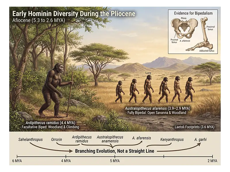 Pliocene hominins including Ardipithecus and Australopithecus, with skeletal evidence of upright walking.