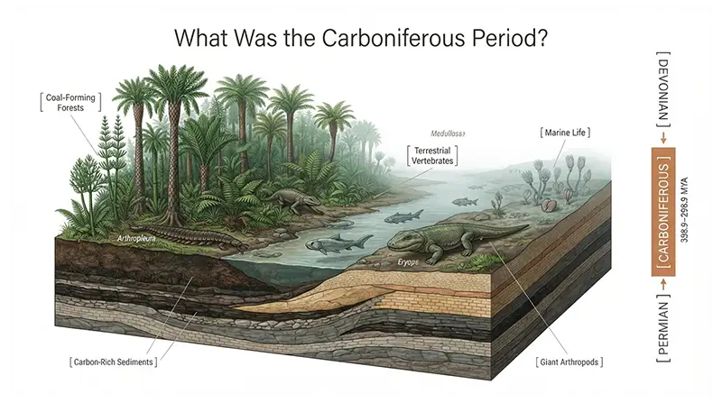 Carboniferous Period ecosystem with ancient forests, amphibians, reptiles, fish, and arthropods