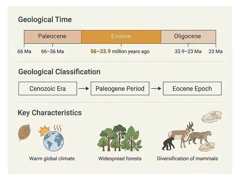 Infographic showing the Eocene Epoch timeline and its place in the Paleogene Period.