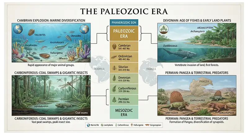 Paleozoic Era infographic showing its position in geological time and representative ancient ecosystems