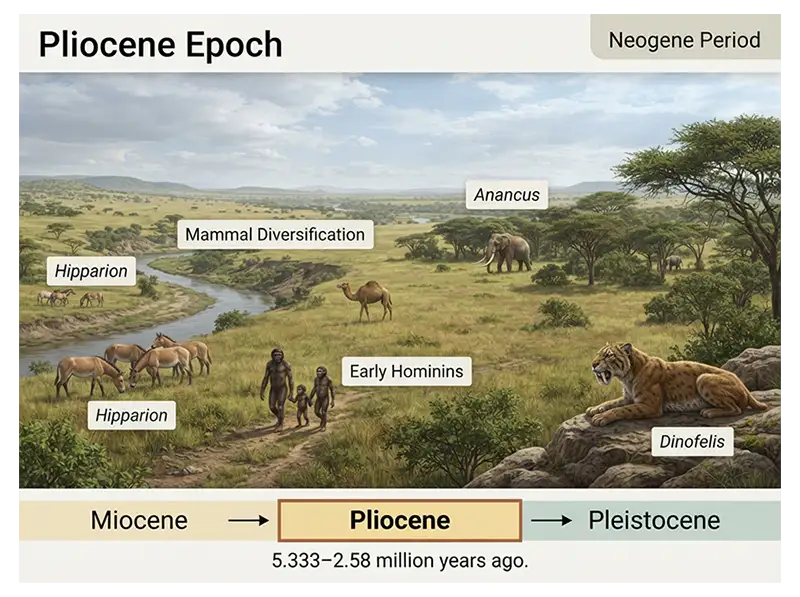 Pliocene Epoch infographic showing its geological position, prehistoric mammals, and early hominins.