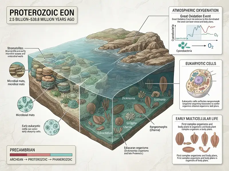 Proterozoic Eon infographic showing its geological position, microbial ecosystems, oxygenation, and early complex life.